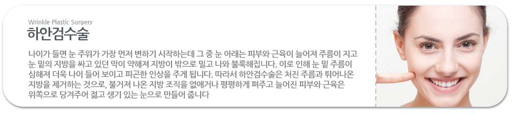 하안검수술:나이가 들면 눈 주위가 가장 먼저 변하기 시작하는데 그 중 눈 아래는 피부와 근육이 늘어져 주름이 지고 눈 밑의 지방을 싸고 있던 막이 약해져 지방이 밖으로 밀고 나와 불룩해집니다. 이로 인해 눈 밑 주름이 심해져 더욱 나이 들어 보이고 피곤한 인상을 주게 됩니다. 따라서 하안검수술은 처진 주름과 튀어나온 지방을 제거하는 것으로, 불거져 나온 지방 조직을 없애거나 평평하게 펴주고 늘어진 피부와 근육은 위쪽으로 당겨주어 젊고 생기 있는 눈으로 만들어 줍니다