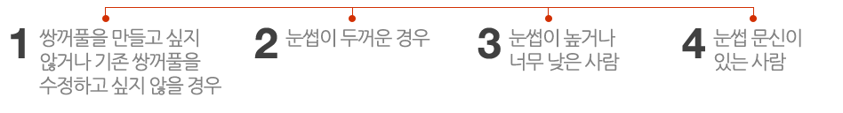 쌍꺼풀을 만들고 싶지 않거나 기존 쌍꺼풀을 수정하고 싶지 않을 경우/ 눈썹이 두꺼운 경우/ 눈썹이 높거나 너무 낮은 사람/ 눈썹 문신이 있는 사람