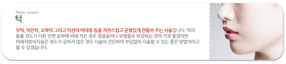 턱 : 
무턱, 작은턱, 오목턱 그리고 턱선의 비대칭 등을 자연스럽고 균형있게 만들어 주는 시술입니다. 턱의 돌출 정도가 다른 안면 윤곽에 비해 적은 경우 절골술이나 보형물로 보강하는 것이 가장 좋겠지만 미세지방이식술은 정도가 심하지 않은 경우 시술이 간단하여 부담없이 시술할 수 있는 좋은 방법이라고 할 수 있겠습니다. 