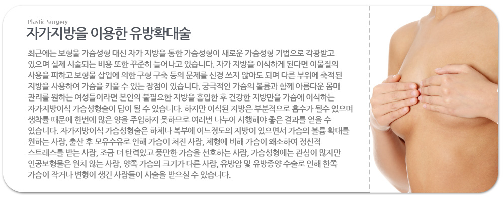 자가지방을 이용한 유방확대술 최근에는 보형물 가슴성형 대신 자가 지방을 통한 가슴성형이 새로운 가슴성형 기법으로 각광받고 있으며 실제 시술되는 비용 또한 꾸준히 늘어나고 있습니다. 자가 지방을 이식하게 된다면 이물질의 사용을 피하고 보형물 삽입에 의한 구형 구축 등의 문제를 신경 쓰지 않아도 되며 다른 부위에 축적된 지방을 사용하여 가슴을 키울 수 있는 장점이 있습니다. 궁극적인 가슴의 볼륨과 함께 아름다운 몸매 관리를 원하는 여성들이라면 본인의 불필요한 지방을 흡입한 후 건강한 지방만을 가슴에 이식하는 자가지방이식 가슴성형술이 답이 될 수 있습니다. 하지만 이식된 지방은 부분적으로 흡수가 될수 있으며 생착률 때문에 한번에 많은 양을 주입하지 못하므로 여러번 나누어 시행해야 좋은 결과를 얻을 수 있습니다. 자가지방이식 가슴성형술은 하체나 복부에 어느정도의 지방이 있으면서 가슴의 볼륨 확대를 원하는 사람, 출산 후 모유수유로 인해 가슴이 처진 사람, 체형에 비해 가슴이 왜소하여 정신적 스트레스를 받는 사람, 조금 더 탄력있고 풍만한 가슴을 선호하는 사람, 가슴성형에는 관심이 많지만 인공보형물은 원치 않는 사람, 양쪽 가슴의 크기가 다른 사람, 유방암 및 유방종양 수술로 인해 한쪽 가슴이 작거나 변형이 생긴 사람들이 시술을 받으실 수 있습니다. 