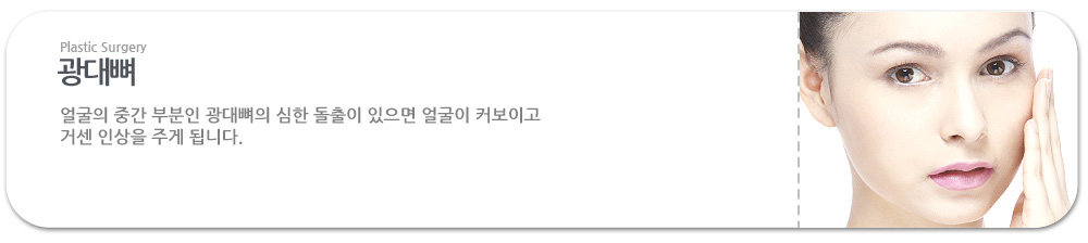 광대뼈
얼굴의 중간 부분인 광대뼈의 심한 돌출이 있으면 얼굴이 커보이고 거센 인상을 주게 됩니다. 