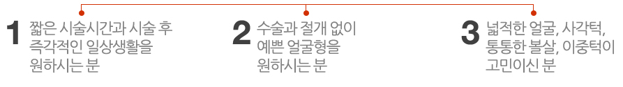 짧은 시술시간과 시술 후 즉각적인 일상생활을 원하시는 분
-수술과 절개 없이 예쁜 얼굴형을 원하시는 분
- 넓적한 얼굴, 사각턱, 통통한 볼살, 이중턱이 고민이신 분