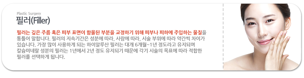 필러 필러는 깊은 주름 혹은 피부 표면이 함몰된 부분을 교정하기 위해 피부나 피하에 주입하는 물질을 통틀어 말합니다. 필러의 지속기간은 성분에 따라, 사람에 따라, 시술 부위에 따라 약간씩 차이가 있습니다. 가장 많이 사용하게 되는 하이알루산 필러는 대개 6개월~1년 정도라고 유지되며 칼슘미네랄 성분의 필러는 1년에서 2년 정도 유지되기 때문에 각기 시술의 목표에 따라 적합한 필러를 선택하게 됩니다. 